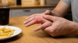 Persona con articolazione del dito arrossata vicino a patatine fritte e bibita, simbolo di infiammazione