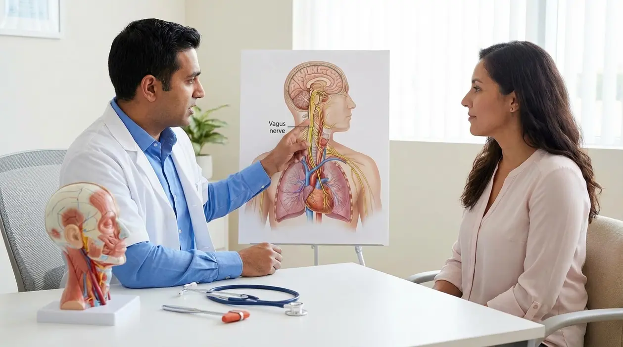 Medico mostra a una paziente un diagramma del nervo vago durante una visita per spiegare tecniche contro l’ansia