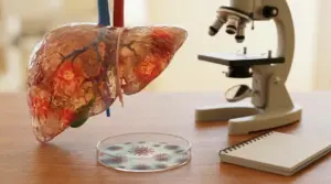Modello di fegato su tavolo da laboratorio con microscopio e piastra Petri, tema epatite e diagnosi