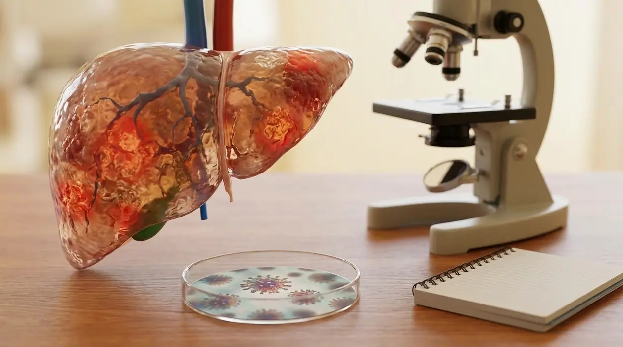 Modello di fegato su tavolo da laboratorio con microscopio e piastra Petri, tema epatite e diagnosi