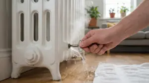 Una mano apre la valvola di un termosifone e fuoriesce acqua sul pavimento durante lo spurgo