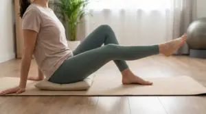 Persona su tappetino esegue un esercizio a casa per alleviare il dolore al ginocchio