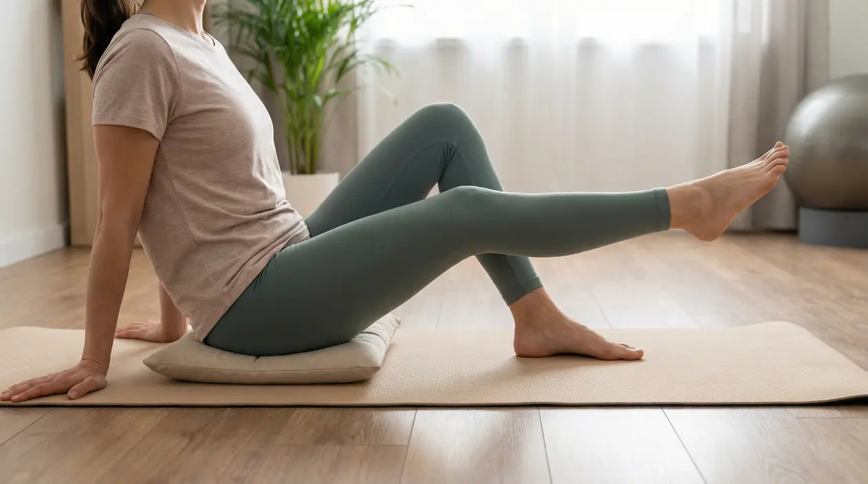 Persona su tappetino esegue un esercizio a casa per alleviare il dolore al ginocchio