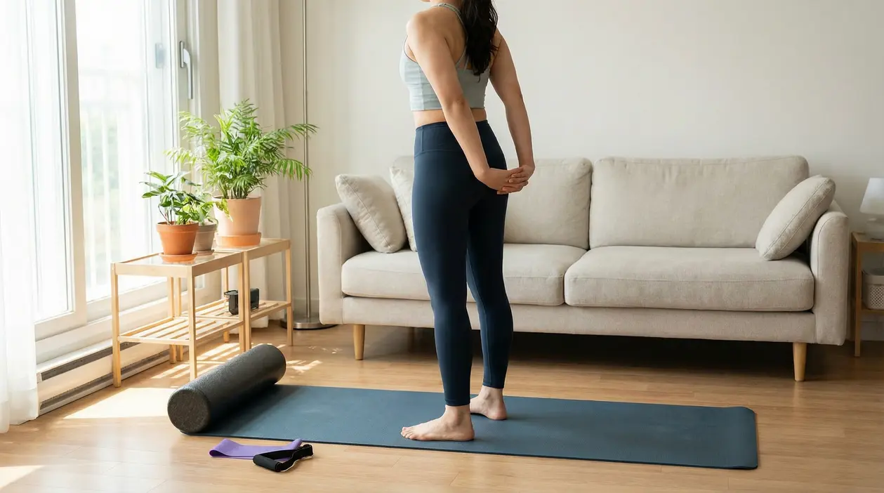 Persona che esegue un esercizio di allungamento su un tappetino per migliorare la postura in casa