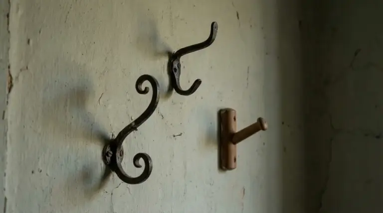 Vecchi ganci in metallo e un appendino in legno fissati a una parete usurata di una casa antica