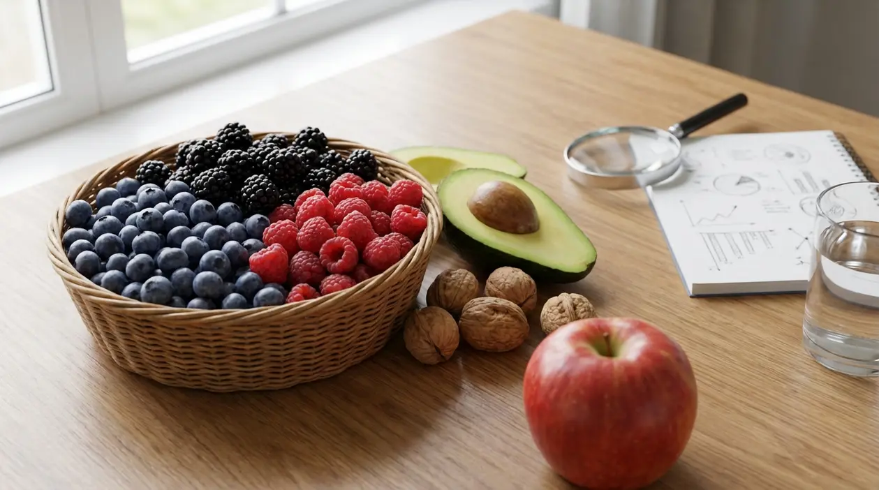 Cestino con mirtilli, more e lamponi su un tavolo, accanto a avocado, noci e una mela