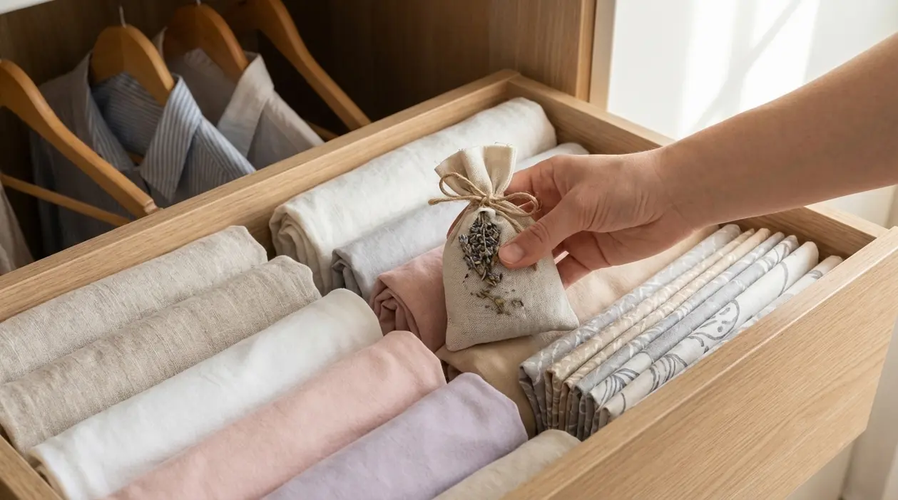 Mano che ripone un sacchetto profumato alla lavanda in un cassetto ordinato con biancheria e camicie
