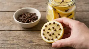 Mano che tiene mezzo limone con chiodi di garofano, accanto a una ciotola e un barattolo sul tavolo