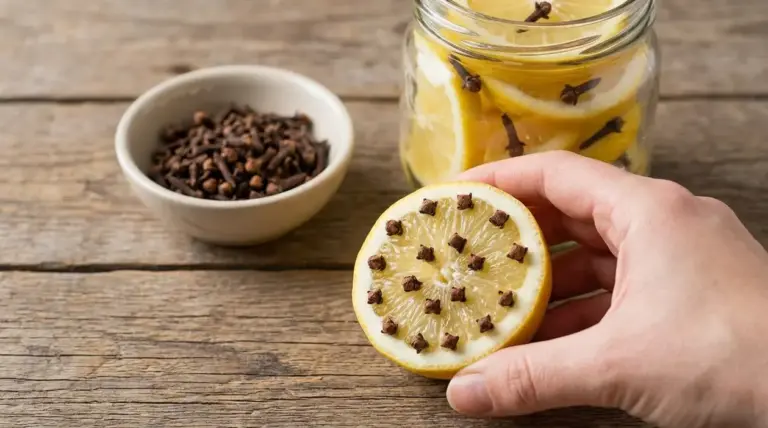 Mano che tiene mezzo limone con chiodi di garofano, accanto a una ciotola e un barattolo sul tavolo