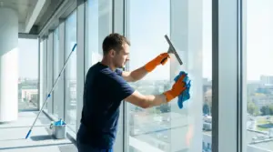 Addetto alle pulizie lava una grande vetrata con tergivetro e panno in microfibra, senza aloni