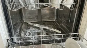 Interno di una lavastoviglie con forti incrostazioni di calcare su fondo, pareti e braccio irroratore