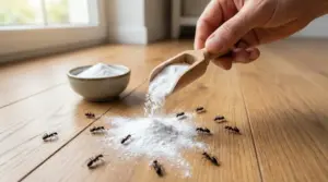 Mano che sparge polvere bianca sul pavimento in legno vicino a formiche in casa