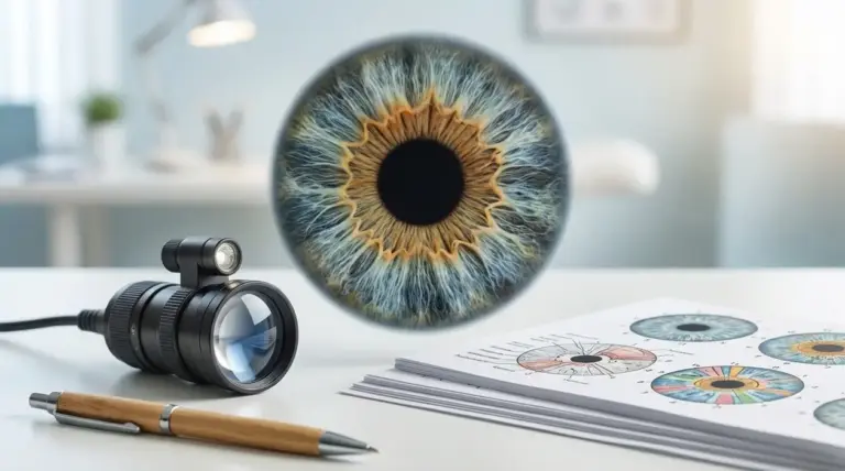 Primo piano di un’iride con lente ottica e schemi illustrativi su un tavolo, tema iridologia