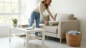 Donna che riordina il soggiorno piegando una coperta sul divano in una casa luminosa e ordinata