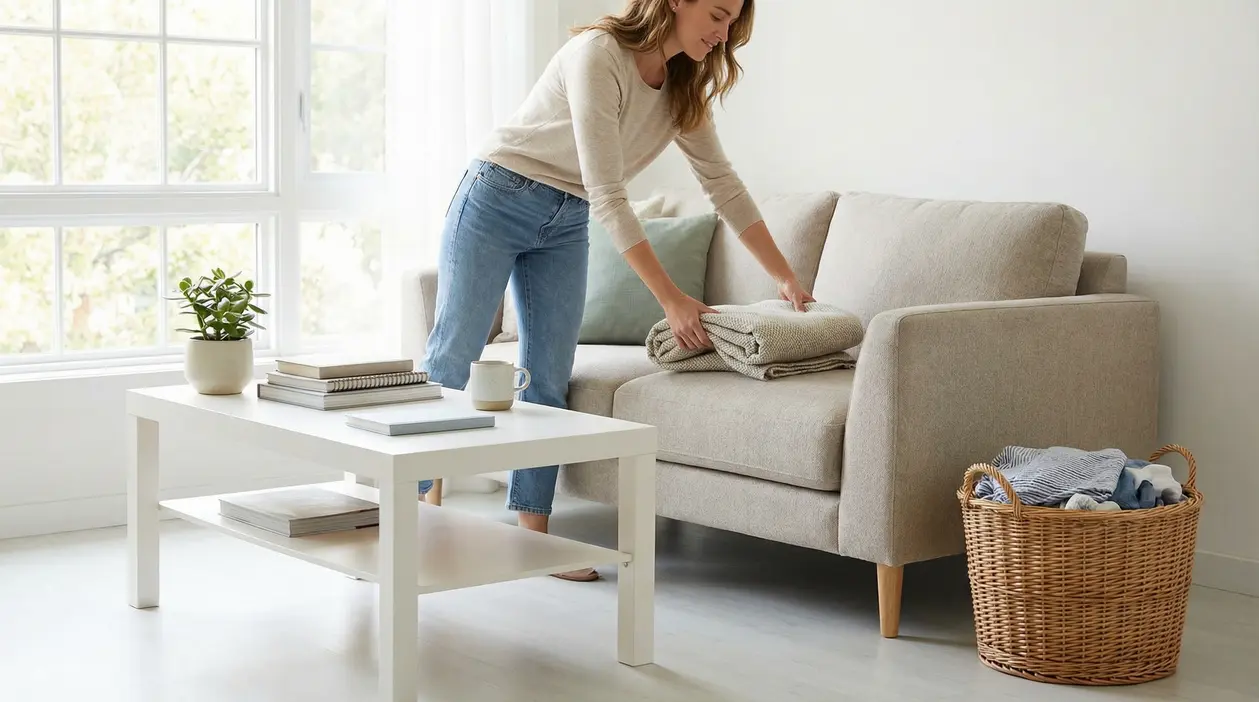 Donna che riordina il soggiorno piegando una coperta sul divano in una casa luminosa e ordinata
