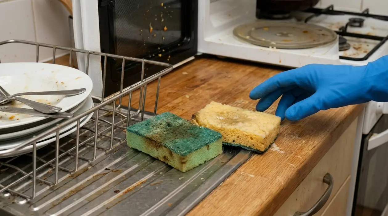Spugne da cucina sporche accanto al lavello e a stoviglie usate, in una cucina disordinata
