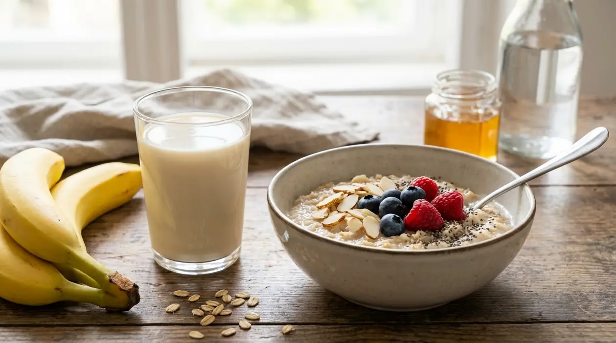 Colazione con latte d'avena, porridge con frutti di bosco, mandorle e banane su un tavolo in legno