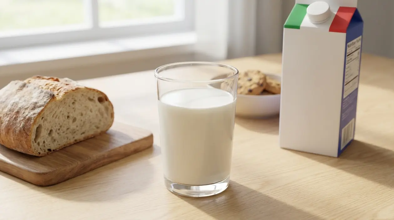Bicchiere di latte intero su un tavolo con cartone del latte e pane, in una scena di colazione