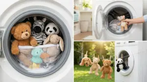 Peluche in lavatrice dentro un sacchetto protettivo e appesi ad asciugare dopo il lavaggio