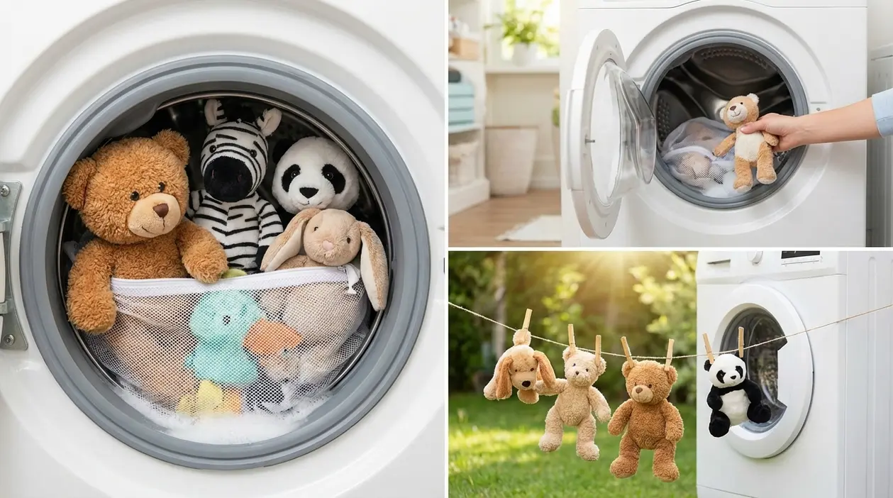Peluche in lavatrice dentro un sacchetto protettivo e appesi ad asciugare dopo il lavaggio