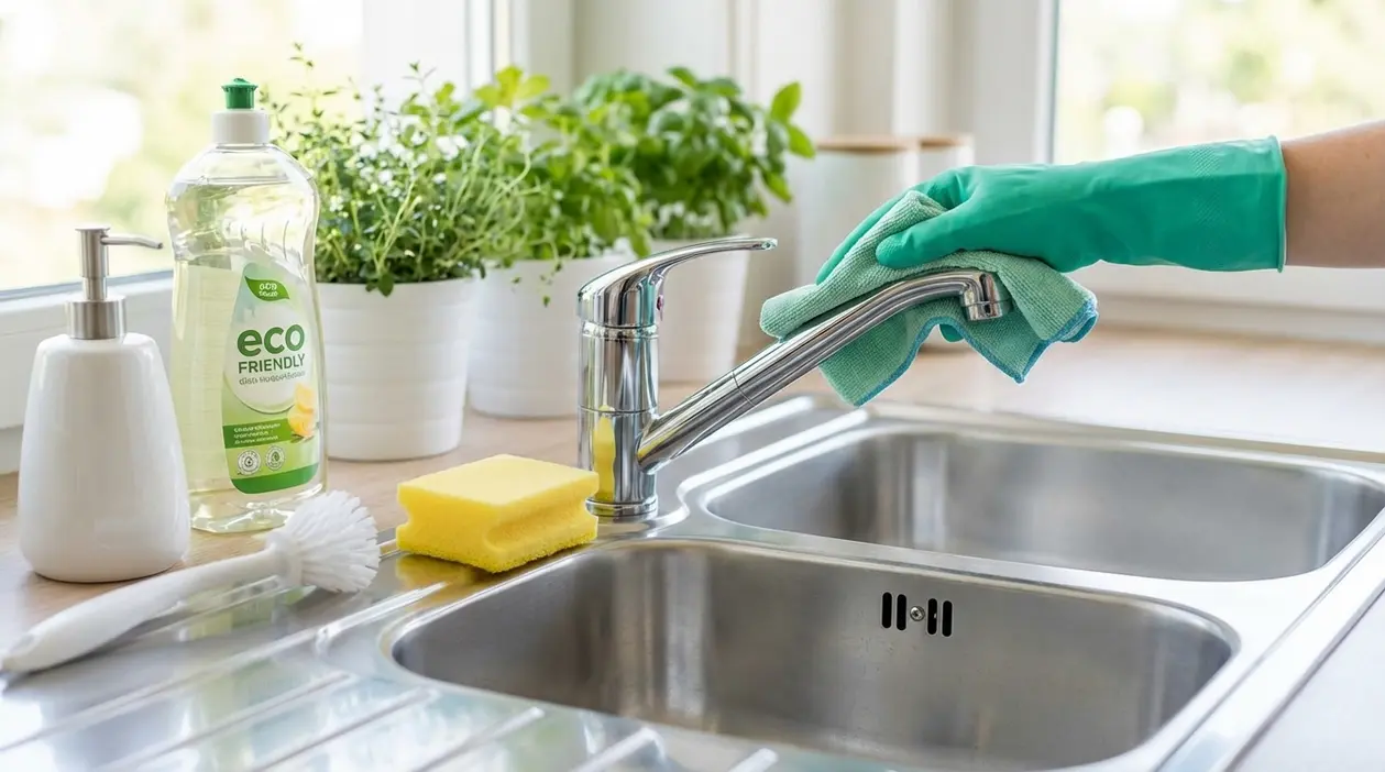 Pulizia del lavello della cucina con panno e guanti, accanto a detergente ecologico e spugna