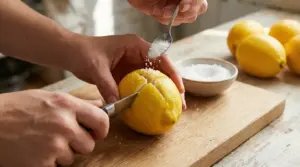 Mani che incidono un limone a croce e lo riempiono di sale grosso su un tagliere in cucina
