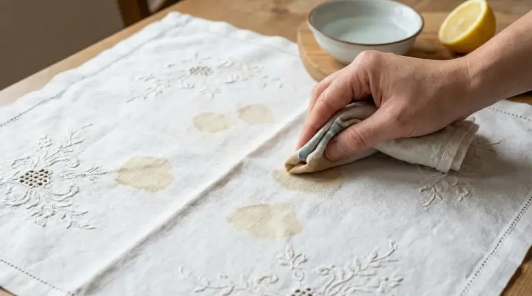 Mano che pulisce macchie marroni su un corredo antico bianco con un rimedio naturale al limone