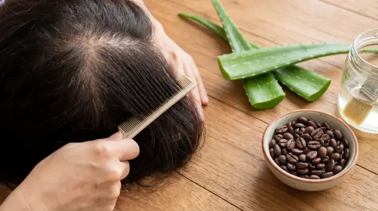 Persona che pettina i capelli con diradamento visibile sul cuoio capelluto, accanto ad aloe vera e caffè