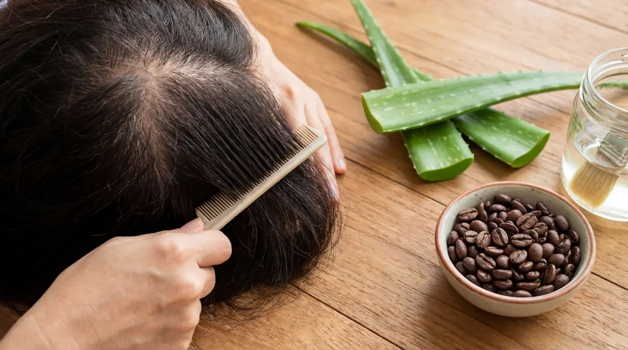 Persona che pettina i capelli con diradamento visibile sul cuoio capelluto, accanto ad aloe vera e caffè