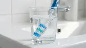 Spazzolino da denti immerso in un bicchiere d’acqua in bagno per la corretta disinfezione