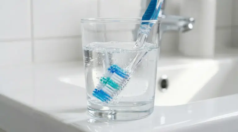 Spazzolino da denti immerso in un bicchiere d’acqua in bagno per la corretta disinfezione