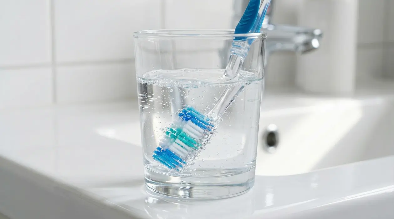 Spazzolino da denti immerso in un bicchiere d’acqua in bagno per la corretta disinfezione