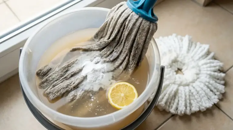 Mocio sporco immerso in un secchio con acqua, polvere detergente e limone per una pulizia profonda