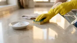 Mani con guanti gialli puliscono una superficie in marmo con spugna, spray e polvere naturale.