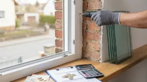 Installazione di un nuovo infisso con trapano, vetri e calcolatrice sul davanzale per valutare il risparmio