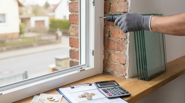Installazione di un nuovo infisso con trapano, vetri e calcolatrice sul davanzale per valutare il risparmio