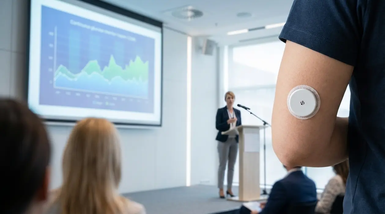 Sensore glicemico sul braccio durante una presentazione su nuove cure e ricerca sul diabete