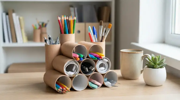 Organizer da scrivania fai da te con rotoli di carta igienica, matite, penne e cavi ordinati
