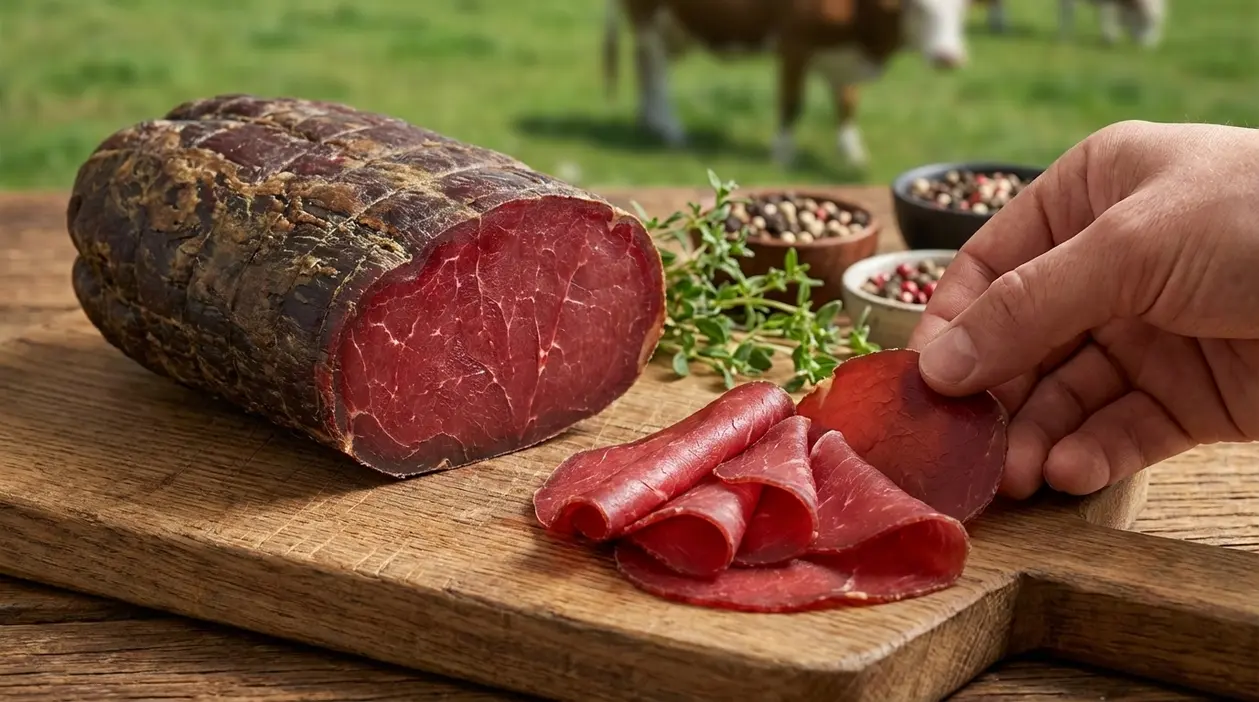 Bresaola intera e affettata su tagliere di legno, con erbe aromatiche e bovino sfocato sullo sfondo