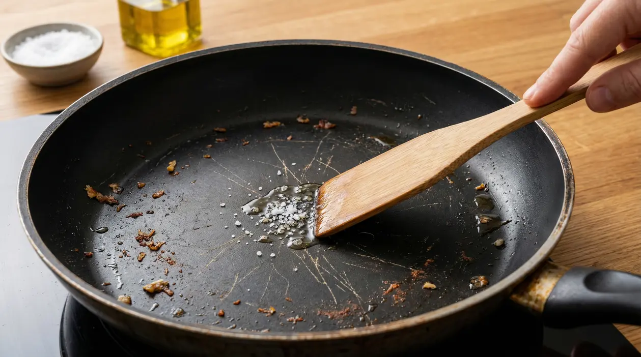 Padella graffiata con sale e olio, mentre una spatola distribuisce il composto per ripristinare l’antiaderenza