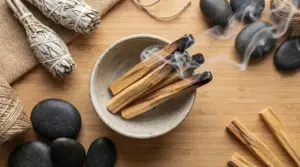 Bastoncini di palo santo fumanti in una ciotola, con pietre scure e mazzetti essiccati su fondo in legno