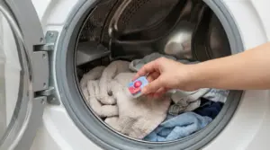 Mano che inserisce una pastiglia per lavastoviglie nel cestello della lavatrice con asciugamani e panni