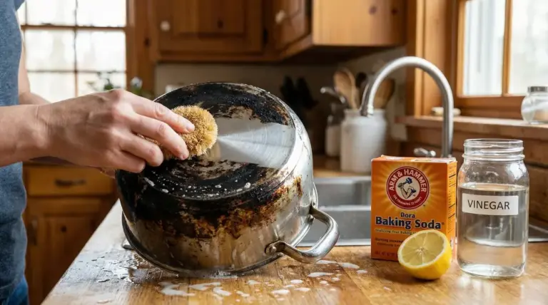 Persona pulisce una pentola annerita con spugna e rimedi naturali come bicarbonato, limone e aceto in cucina