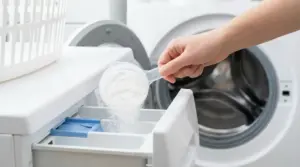 Misurino di percarbonato di sodio versato nella vaschetta della lavatrice