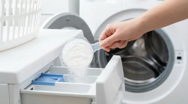 Misurino di percarbonato di sodio versato nella vaschetta della lavatrice