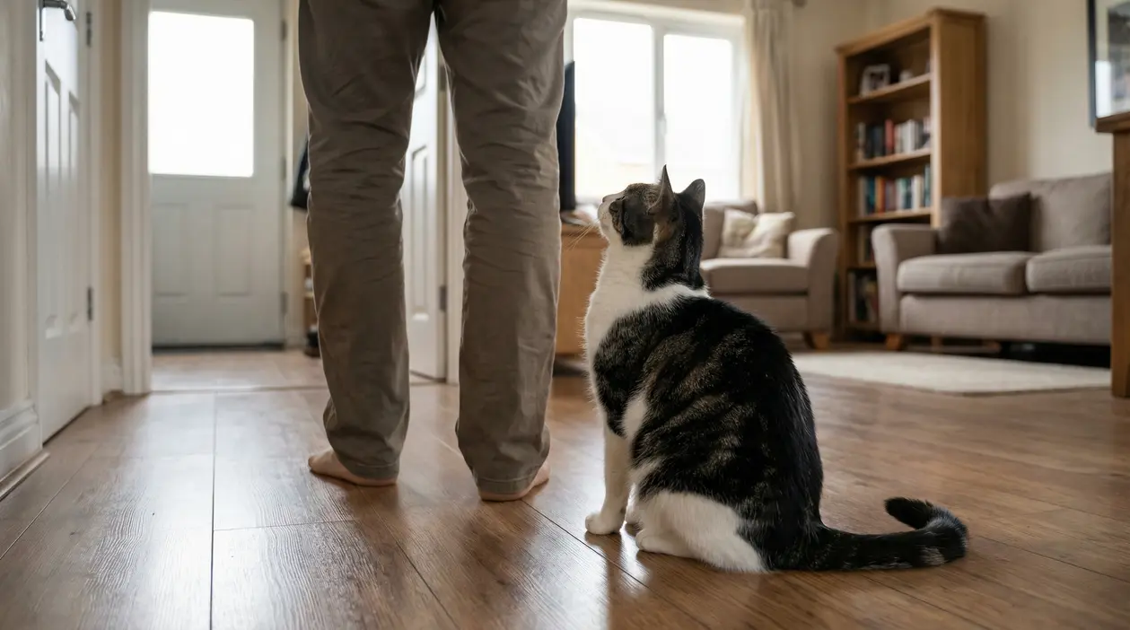 Gatto seduto in casa vicino a una persona, mentre la osserva e la segue da una stanza all’altra