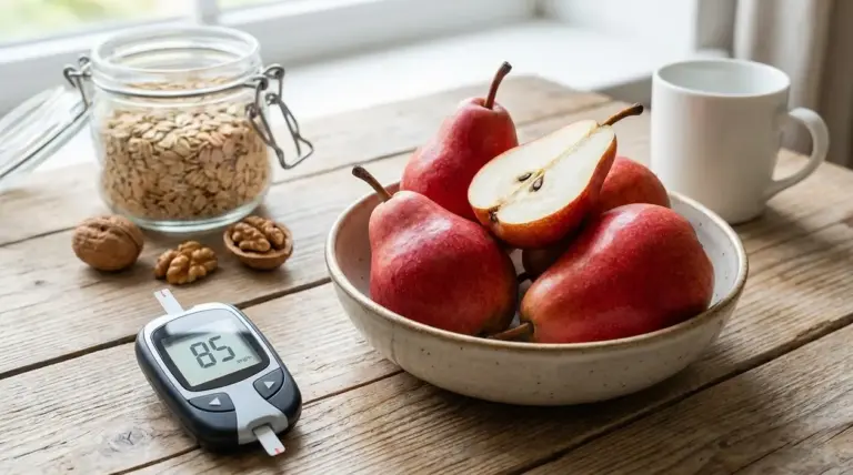 Pere rosse in una ciotola con glucometro, avena e noci su un tavolo, simbolo di glicemia e colesterolo