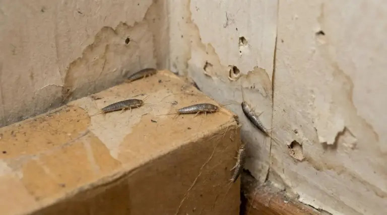 Pesciolini d'argento su una superficie polverosa accanto a una parete rovinata e umida in casa