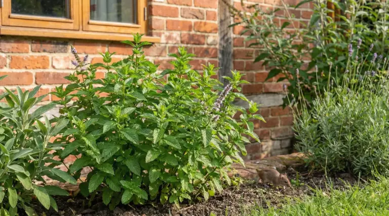 Pianta aromatica in giardino accanto a un piccolo topo vicino al muro di una casa