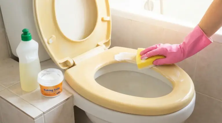 Mano con guanto rosa pulisce un copriwater ingiallito con spugna e detergente in bagno